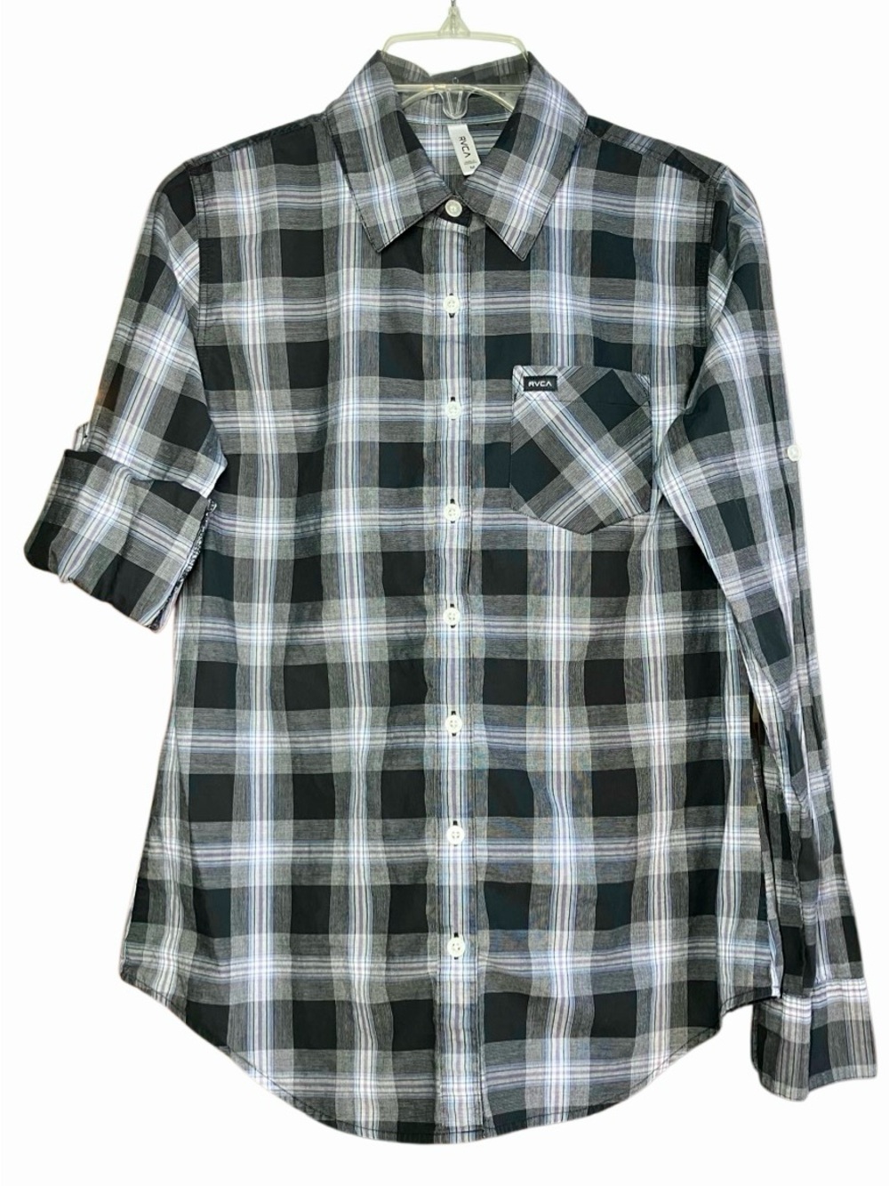 RVCA Plaid Buttoned Cuff Sleeve Button Down in Black/White Womens M